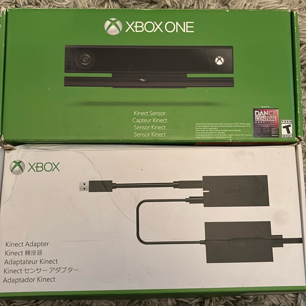 Xbox Kinect sensor and adapters.